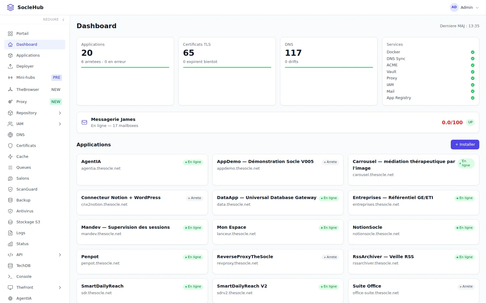Le tableau de bord du Hub : quatre tuiles de chiffres, le bandeau de la messagerie, puis une carte par application